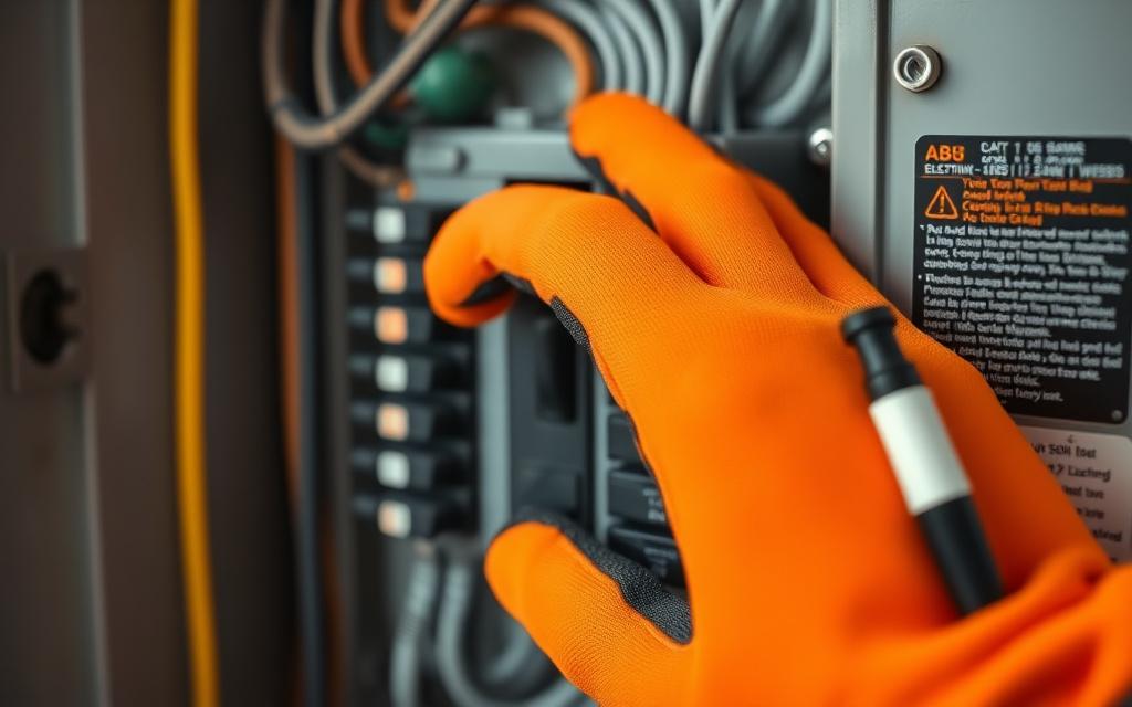 Gloved hand testing a breaker in a home electrical panel
