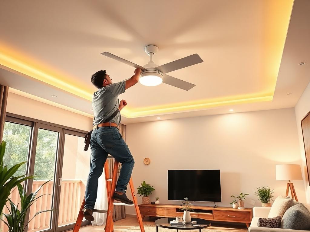 Electrician installing a ceiling fan in a living room