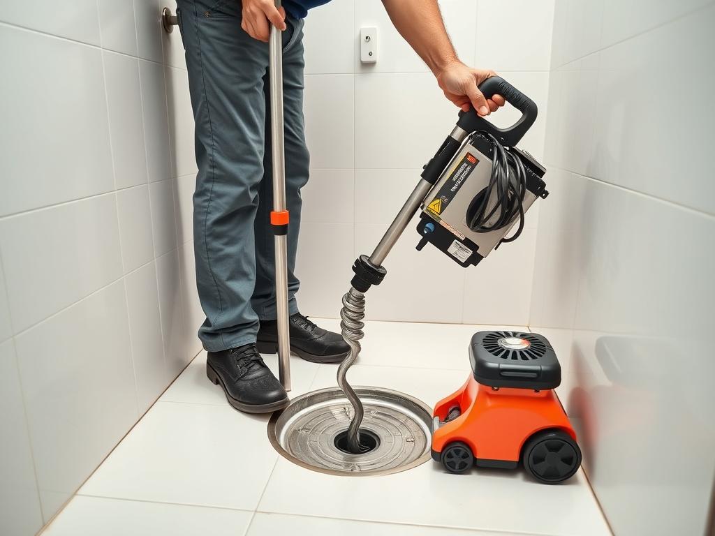 Drain auger machine clearing a bathroom floor trap