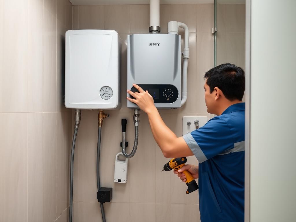 Installer mounting a storage water heater on a bathroom wall