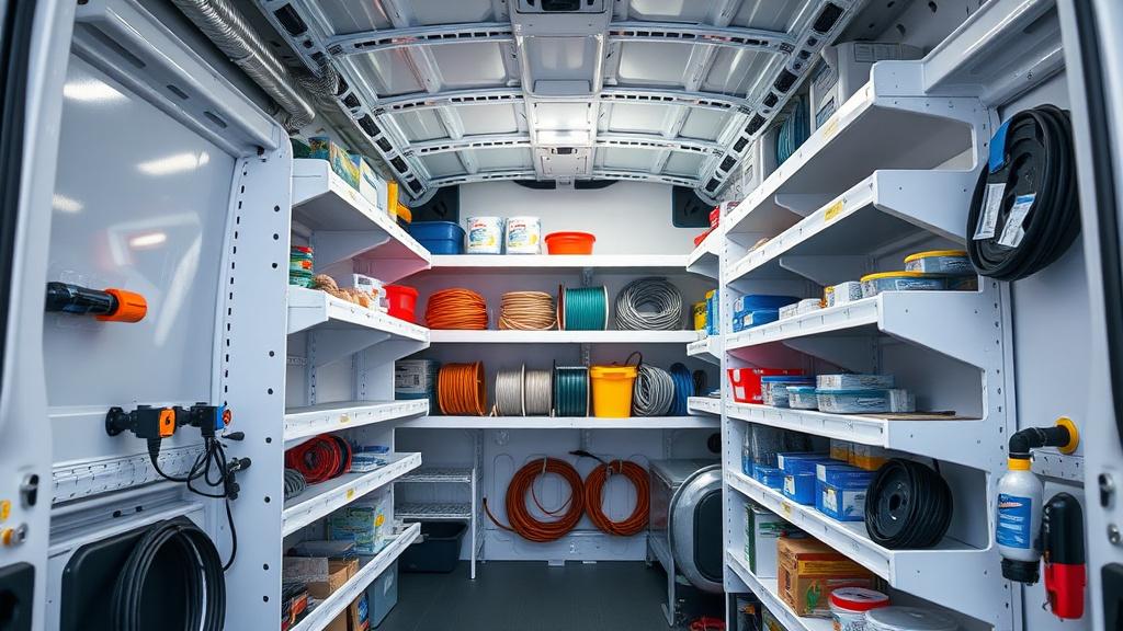 Stocked Dietwell service van shelving with plumbing and electrical parts