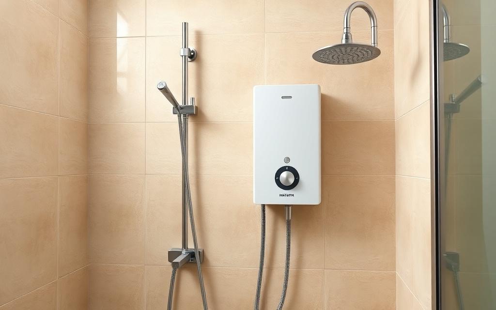 Instant shower water heater mounted on bathroom tiles