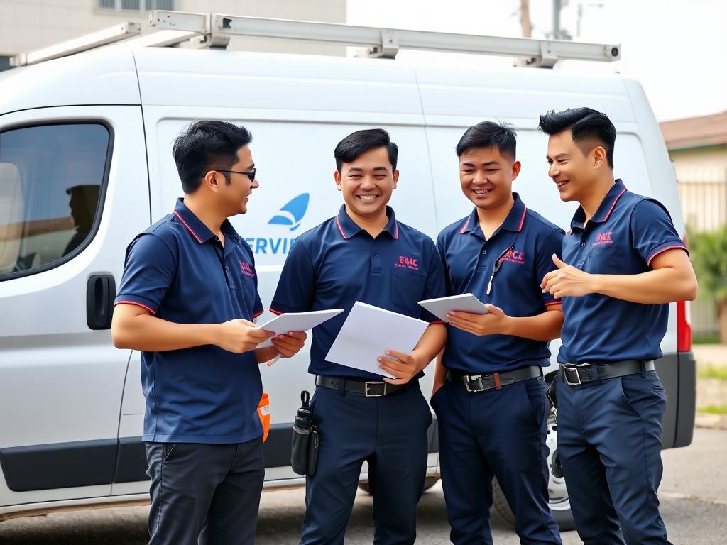 Dietwell crew at their morning briefing beside a service van