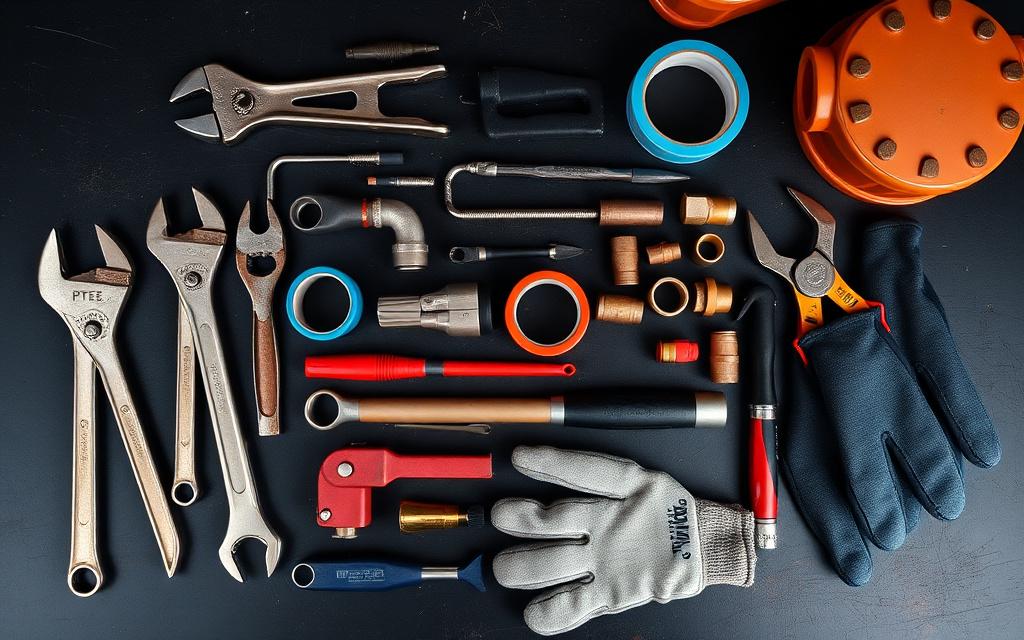 Organised plumbing toolkit laid out on a workbench