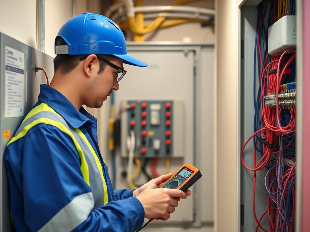 Electrician testing a home distribution board with a multimeter